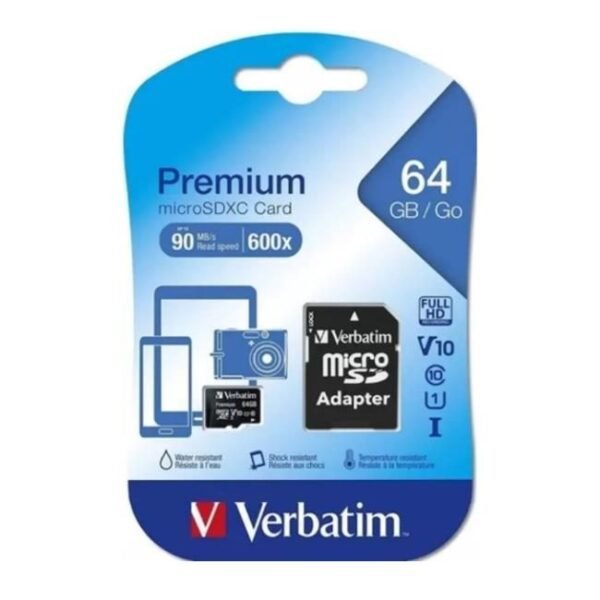 MEMORIA MICROSD 64GB + ADAPTADOR SD VERBATIM SDHC CLASE 10