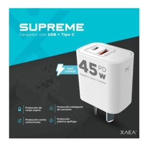 CARGADOR 220V USB TIPO C + USB A (H) 45W PD WC 3.0 XAEA MOD504 SUPREME CABEZAL BLANCO